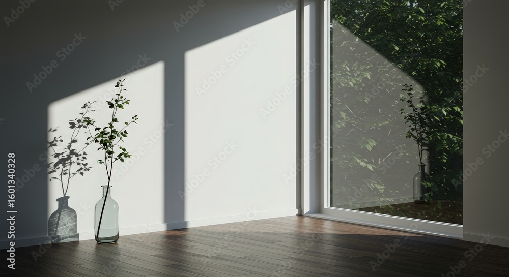 Obraz premium Sunlight Casting Shadows in Minimalist Interior with Greenery