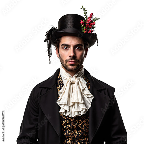 Dramatic stage actor in elaborate period costume and makeup exuding passion and intensity Ideal for theater or performance concepts