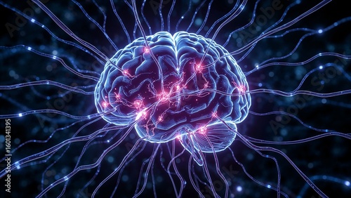 Illustration of a human brain with neural connections and glowing nodes on a dark background
