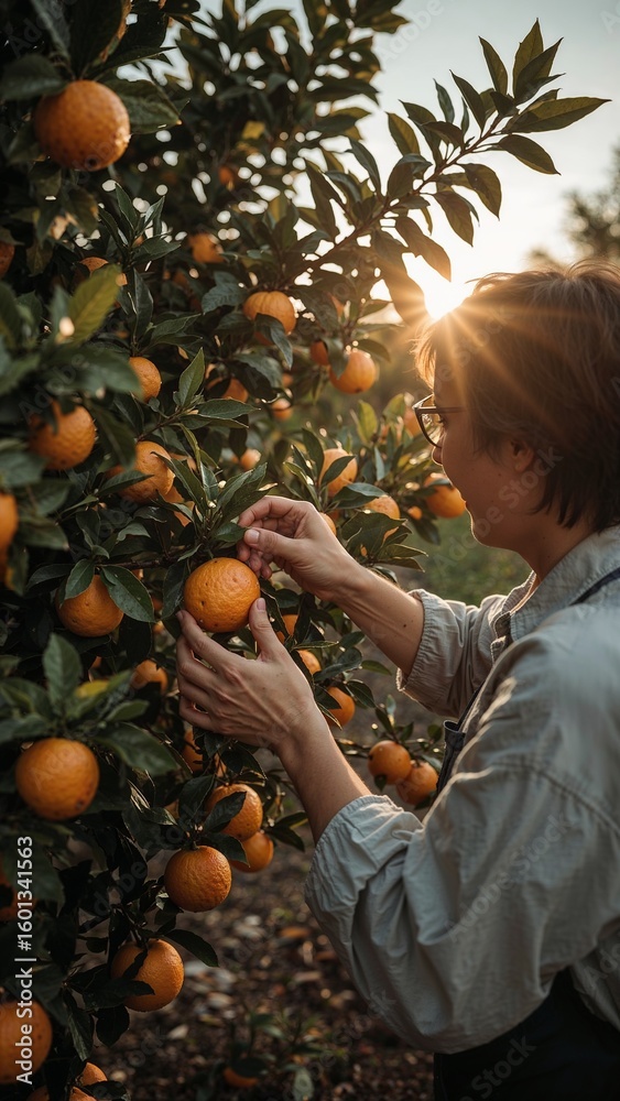 custom made wallpaper toronto digitalWoman harvesting ripe oranges from a tree in an orchard during a sunny day with sun flare visible