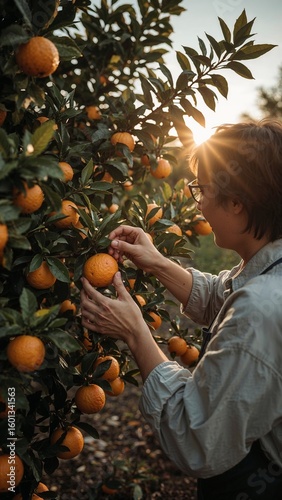 Woman harvesting ripe oranges from a tree in an orchard during a sunny day with sun flare visible