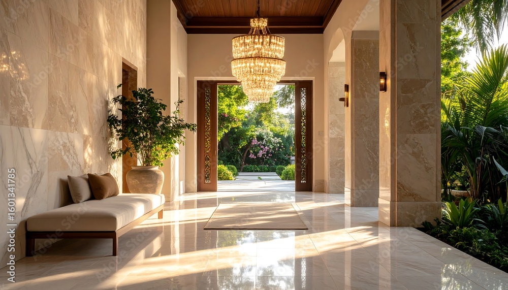 Fototapeta premium Elegant Home Interior with Open Door and Lush Garden View