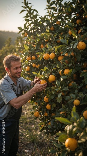 A man picking oranges from a tree in an orchard during the day with green leaves and orange fruits