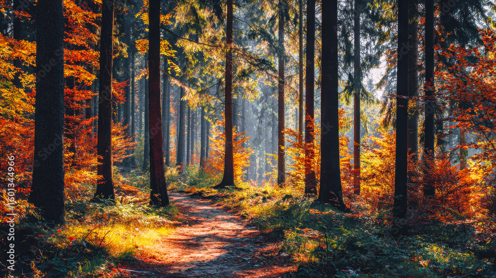Fototapeta premium Serene autumn forest with sunlit path and vibrant fall foliage