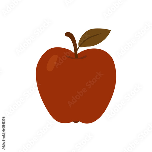Red apple with brown stem and leaf. Healthy eating and autumn harvest concept
