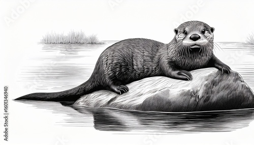 detailed pen and ink drawing showcasing an otter resting on a rock captured in monochrome