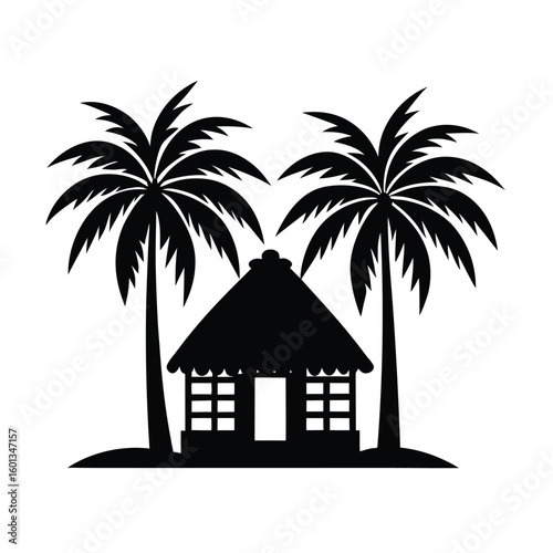 Tropical hut between palm trees silhouette