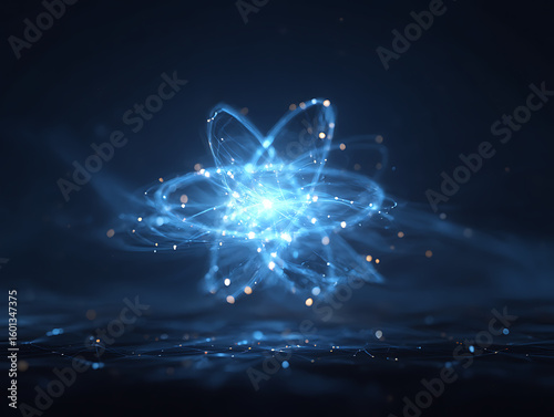 Glowing blue atomic particle with orbiting electrons in a dark background