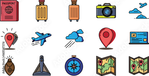 Colorful Travel Icons: Destinations, Transportation & Adventure Elements