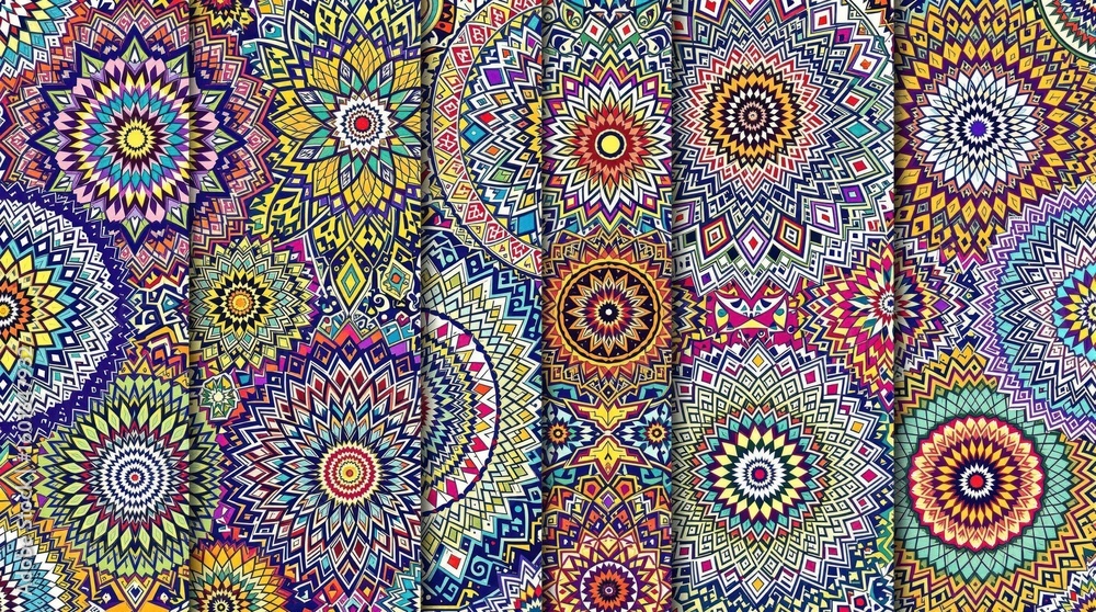 Naklejka premium Colorful radial patterns merge, featuring intricate details and vibrant bohemian style elements