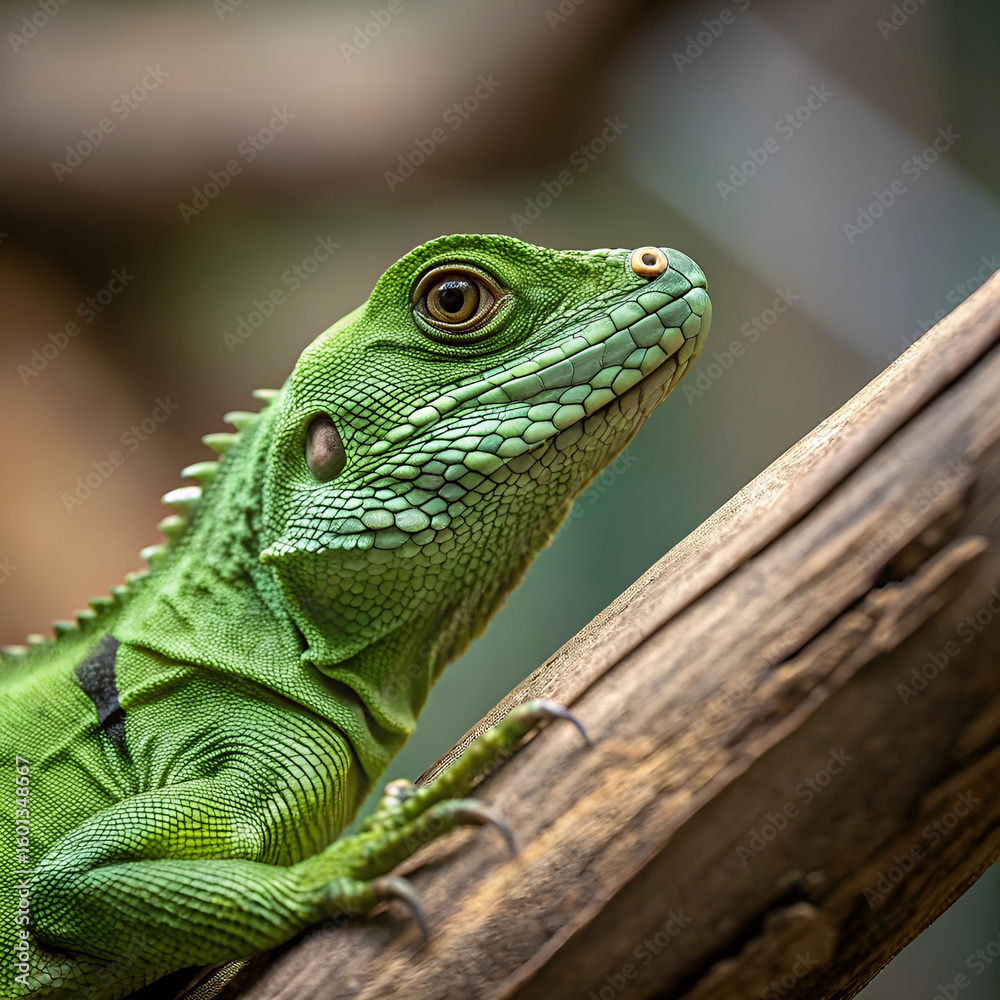 Fototapeta premium green iguana closeup on wood animal closeup reptil