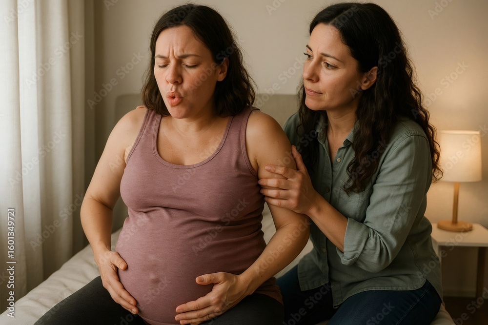 Obraz premium Pregnant woman breathing deeply and cradling her belly, receiving support from her midwife during a serene home labor experience