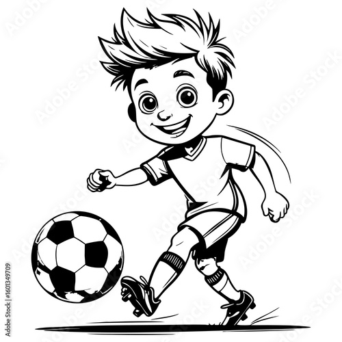 Smiling Cartoon Boy Kicking Soccer Ball in Action Pose for Kids' Coloring Fun