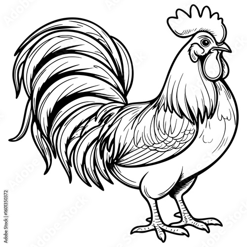 Elegant Farm Rooster Illustration in Bold Black and White Ink Outline