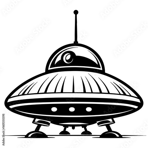 Classic Cartoon UFO Spaceship in Retro Style with Antenna and Legs