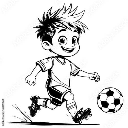 Happy Cartoon Boy Playing Soccer with a Big Smile and Uniform