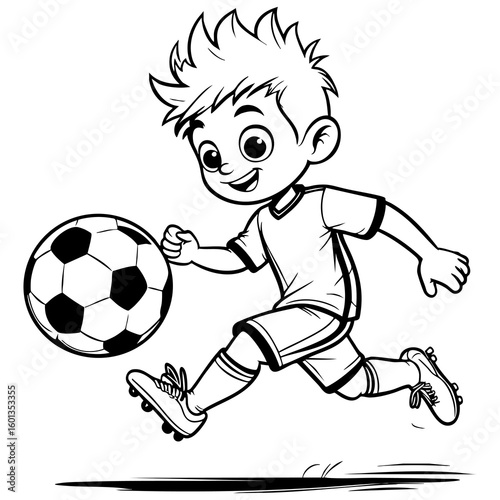 Energetic Young Boy Playing Soccer and Kicking the Ball Hard