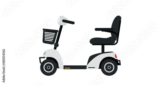 Modern mobility scooter with seat and basket on white background