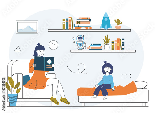 Mother reading book to daughter in room. Vector illustration