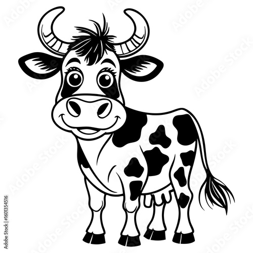 Happy Cartoon Cow with Black Patches and Big Eyes for Coloring Pages