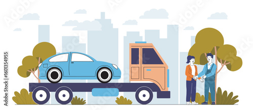 Tow truck transporting a car in cityscape. Vector illustration
