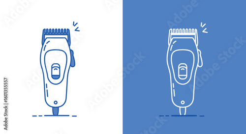 Line art electric hair clipper design with vibration lines on split background