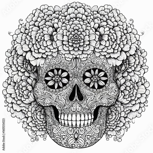 Intricate coloring page of a floral decorated skull for Day of the Dead concept