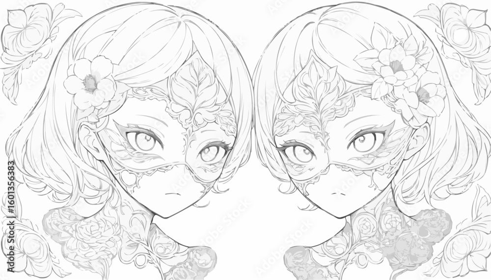 Twin girls with floral masks in delicate line art for Day of the Dead coloring book Twin girls with floral masks in delicate line art for Day of the Dead coloring book
