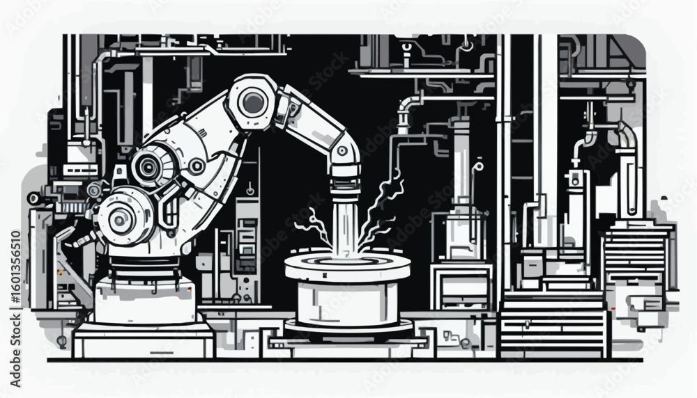 Industrial robotic arm pouring liquid in a factory setting, detailed vector art
Industrial robotic arm pouring liquid in a factory setting, detailed vector art
