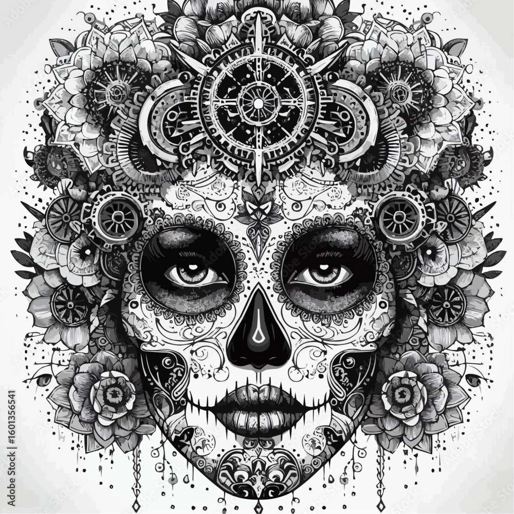 Fototapeta premium Intricate sugar skull artwork adorned with flowers and gears in detailed line art for coloring book 