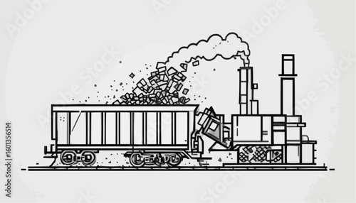 Slag loading from a metallurgical plant onto a train wagon in detailed line art
