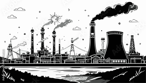 Illustration of a metallurgical plant with smokestacks and machinery in a detailed industrial landscape
