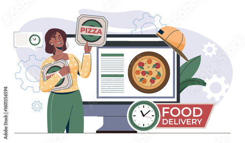 Woman holding pizza box near delivery screen. Vector illustration