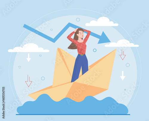 Businesswoman on sinking paper boat concept. Vector illustration