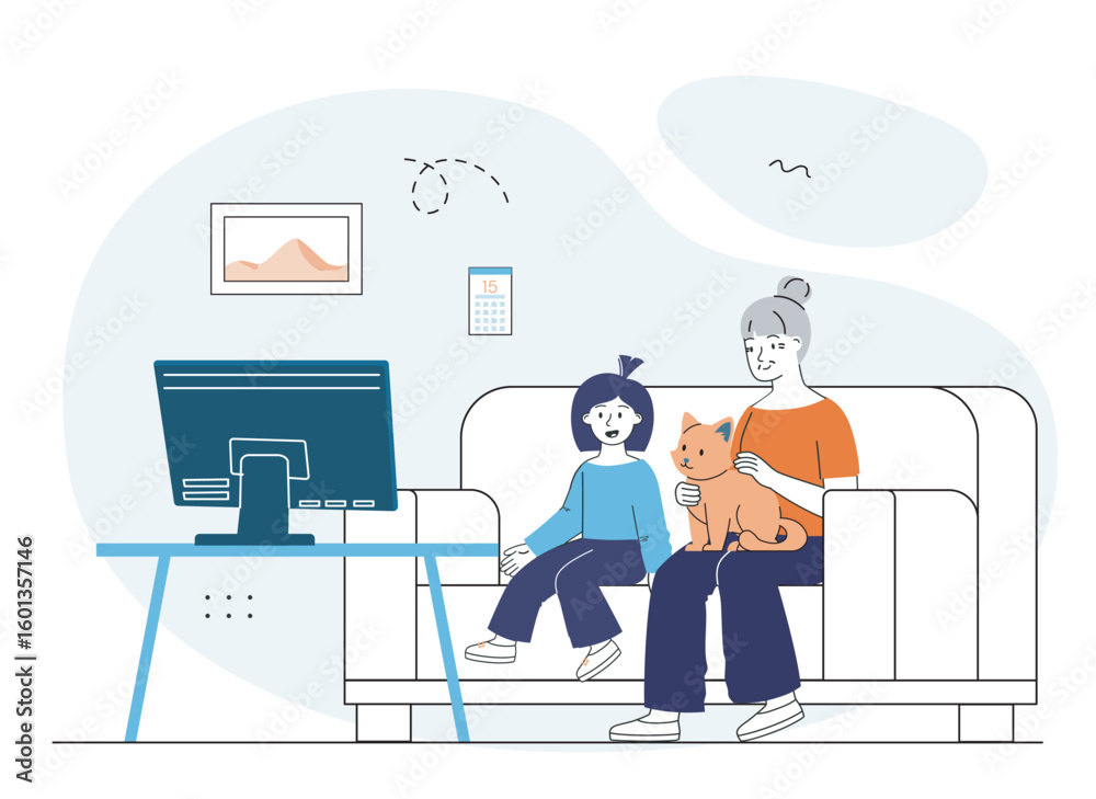 Fototapeta premium Family watching TV with pet indoors. Vector illustration