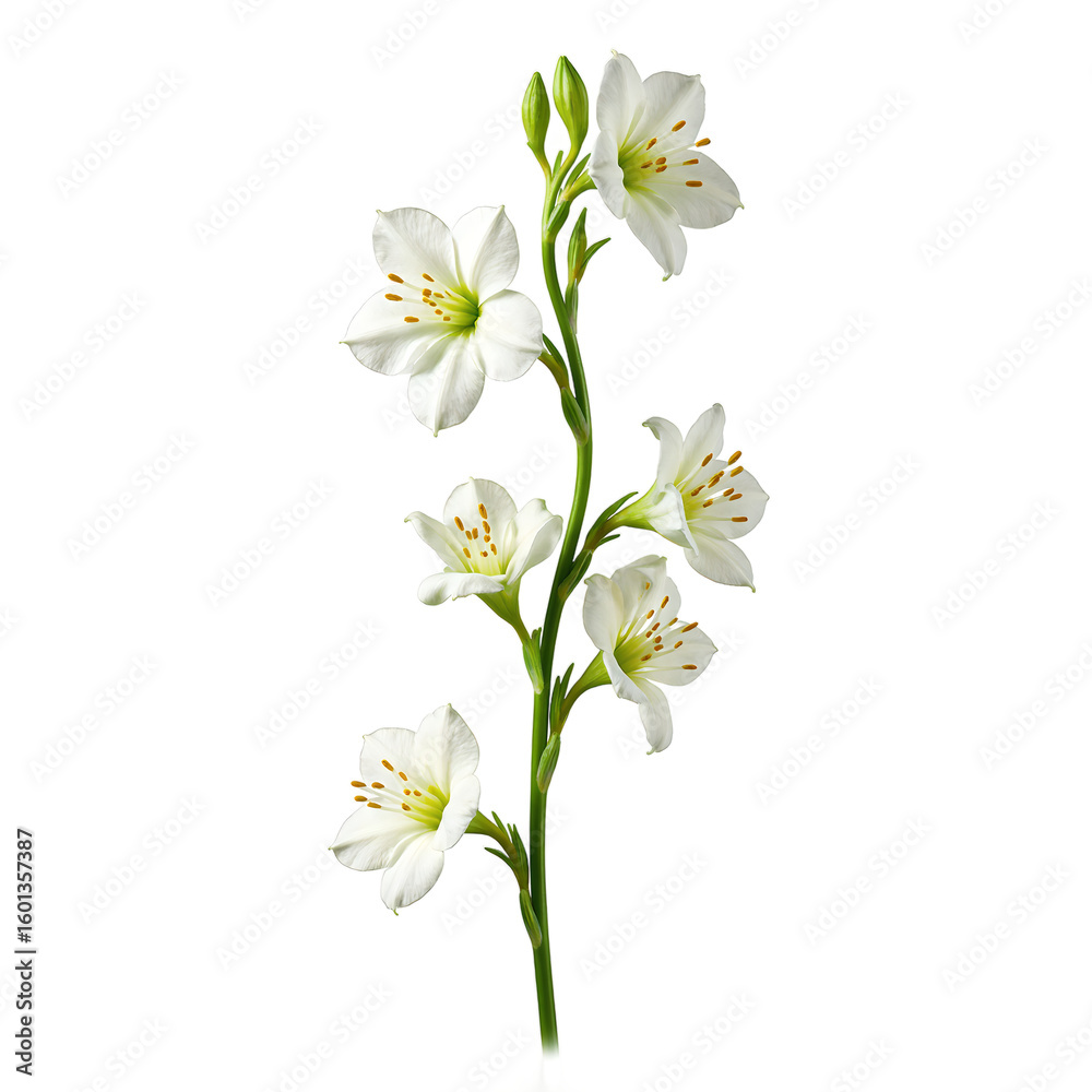 Obraz premium A vibrant freesia stem showcasing multiple colorful blossoms elegantly centered and isolated on a clean white background