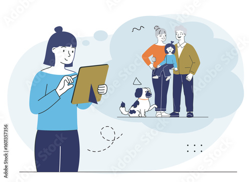 Woman video calling family on tablet. Vector illustration