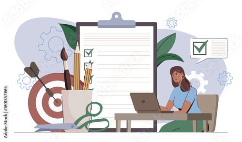 Task checklist and creative workspace scene. Vector illustration