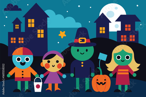 kids trick or treating in costumes through a spook
