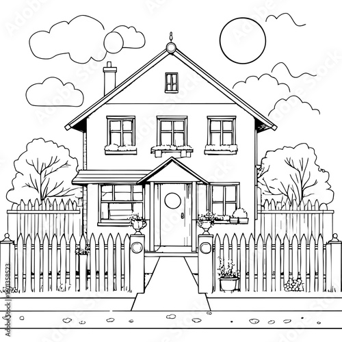 Beautiful House with Charming Flower Boxes and Picket Fence Landscape
