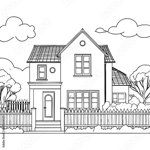 Peaceful Residential House with Pitched Roof, Fenced Yard, and Lush Trees