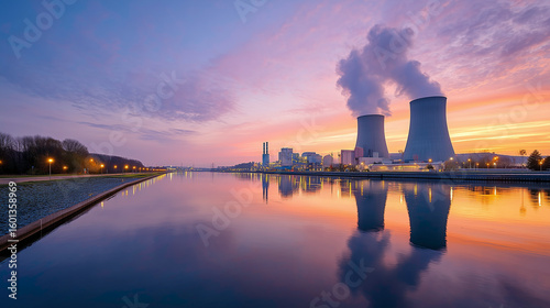 Atomic Power in Nature. Nuclear Plant in Idyllic Landscape