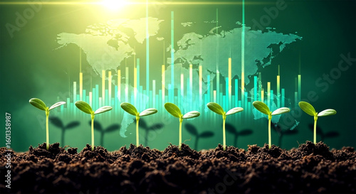 Seedlings emerging from soil against global data chart symbolizing growth and sustainability
