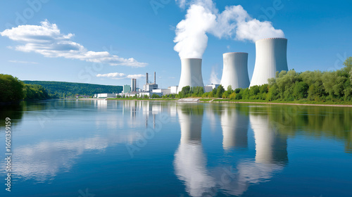 Atomic Power in Nature. Nuclear Plant in Idyllic Landscape
