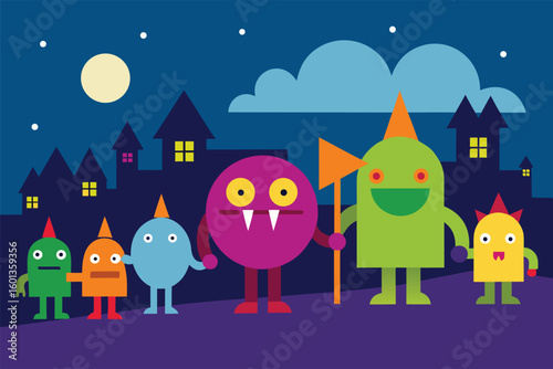 monster parade on halloween night  colorful and wh