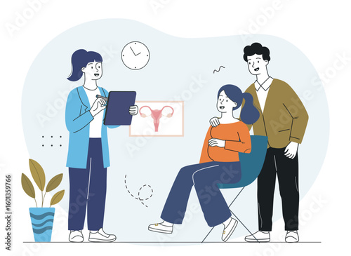 Pregnant woman visiting gynecologist clinic. Vector illustration