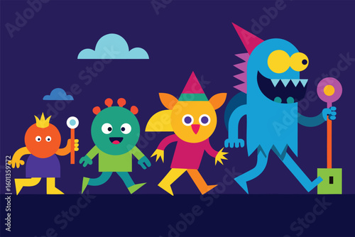 monster parade on halloween night  colorful and wh