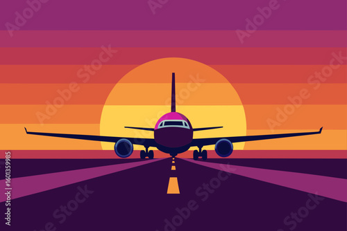 airplane landing at sunset