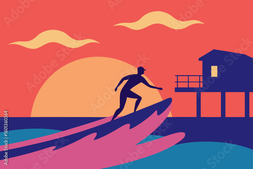 surfer on the beach at sunset
