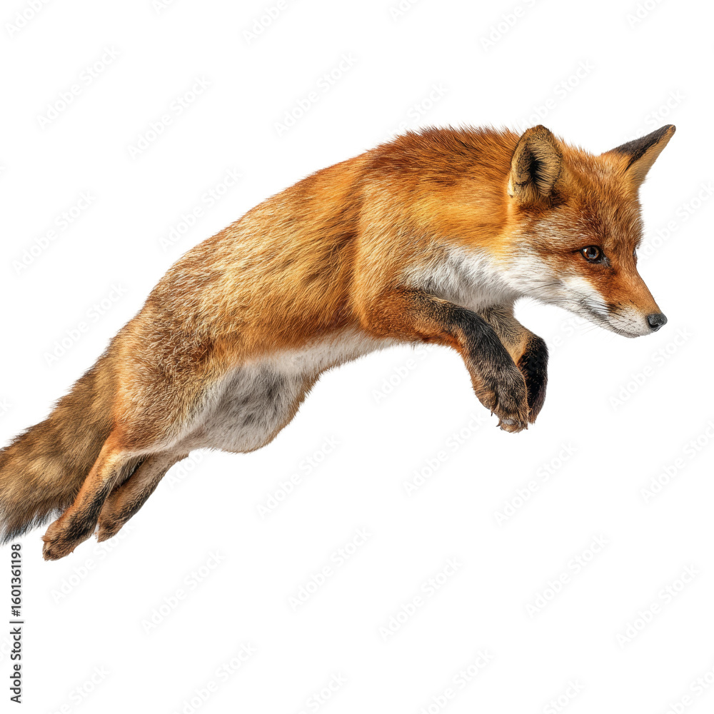 Fototapeta premium A dynamic fox in mid-air, leaping gracefully, captured with vivid details. Its orange fur contrasted against the background shows agility and movement